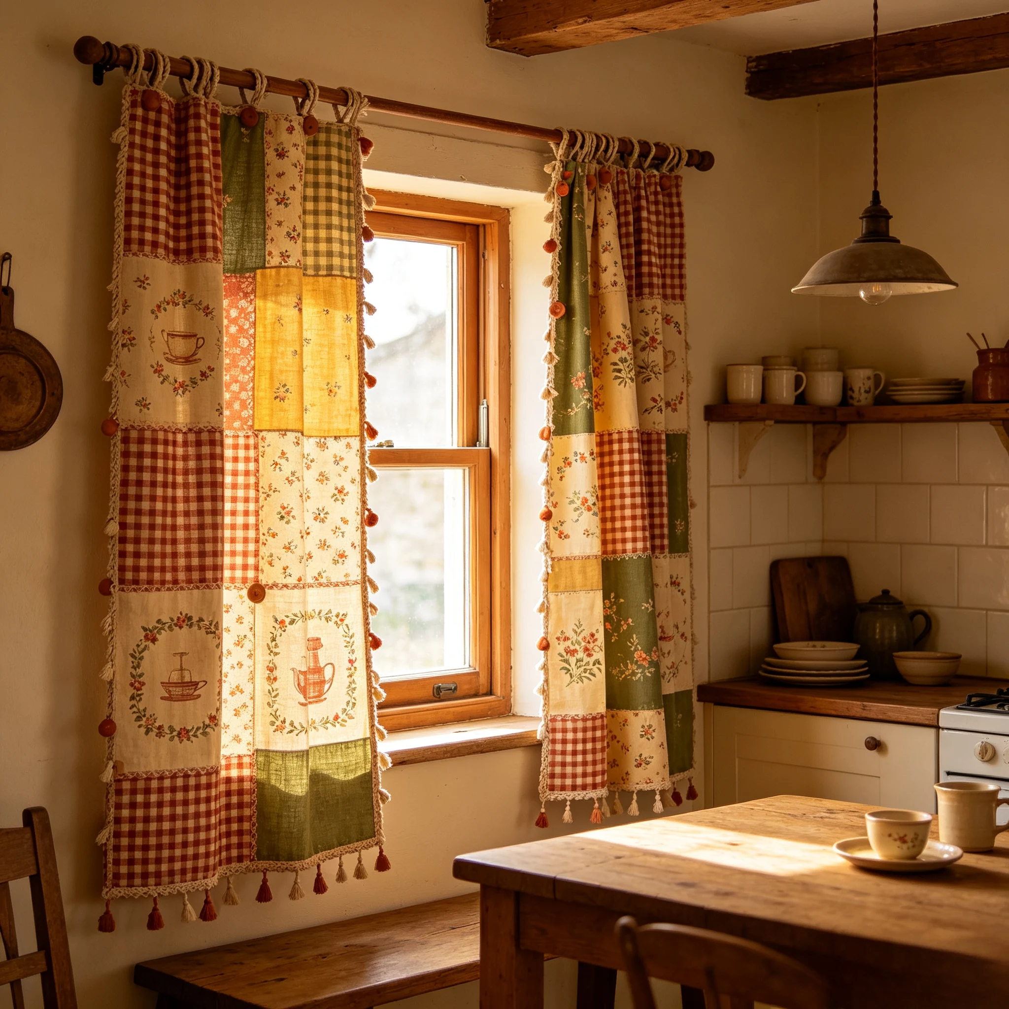 200258   Brick red, yellow, olive green patchwork rural kitchen curtains
