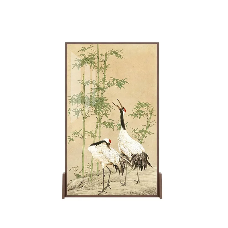 New Chinese Bamboo Crane Room Divider Solid Wood Entryway Partition with Glass Panel Living Room Privacy Screen Decor