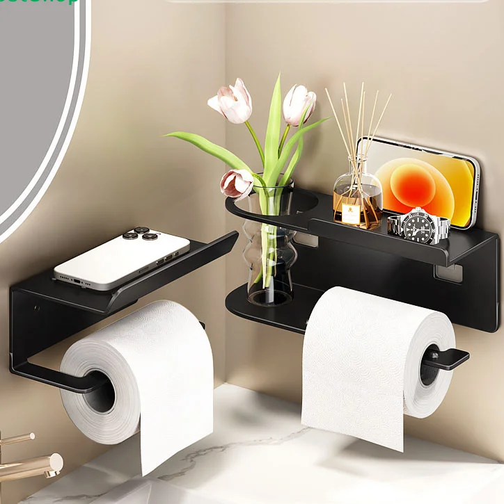 

1Pc No-Drill Toilet Paper HolderPhone Stand Metal Storage Rack Kitchen Towel Holder Seasoning Bottle Bathroom Wall Roll Paper