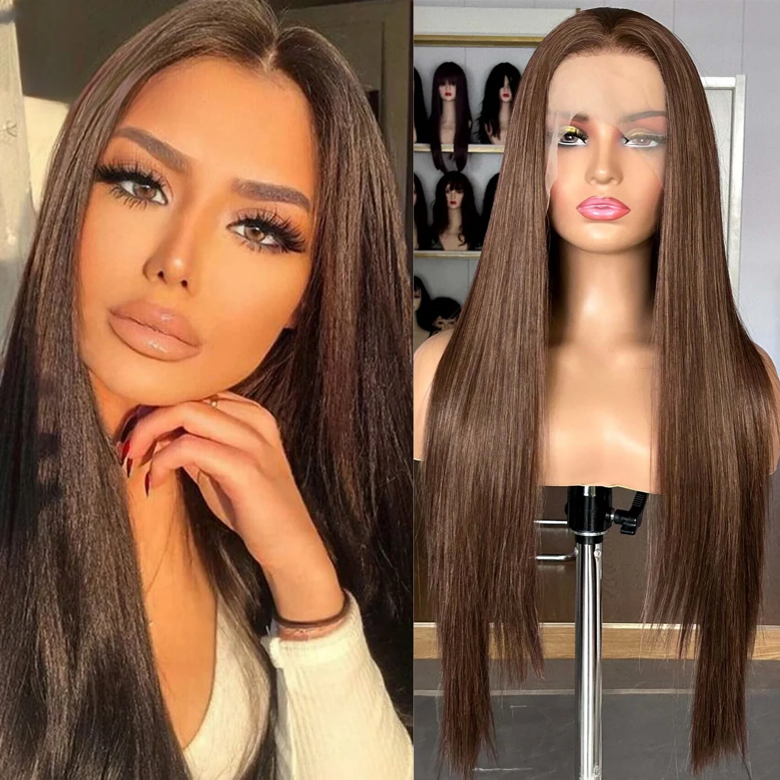 

Brown Highlight Lace Front Wigs for Women Long Silky Straight Synthetic Hair Ombre 13X4 Frontal Colored Wigs for Daily Party Use