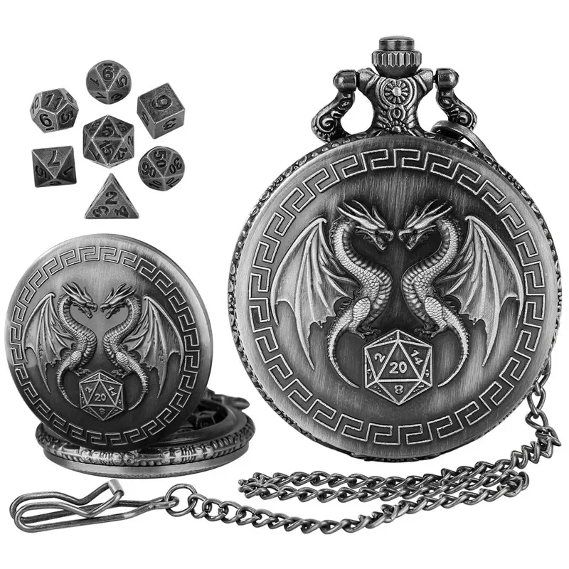 

Bronze Engraved Double Dragon Pattern Pocket Watch Case Pendant Chain 7Pcs/set Mini Metal Polyhedral Dices Gaming Accessory Dice