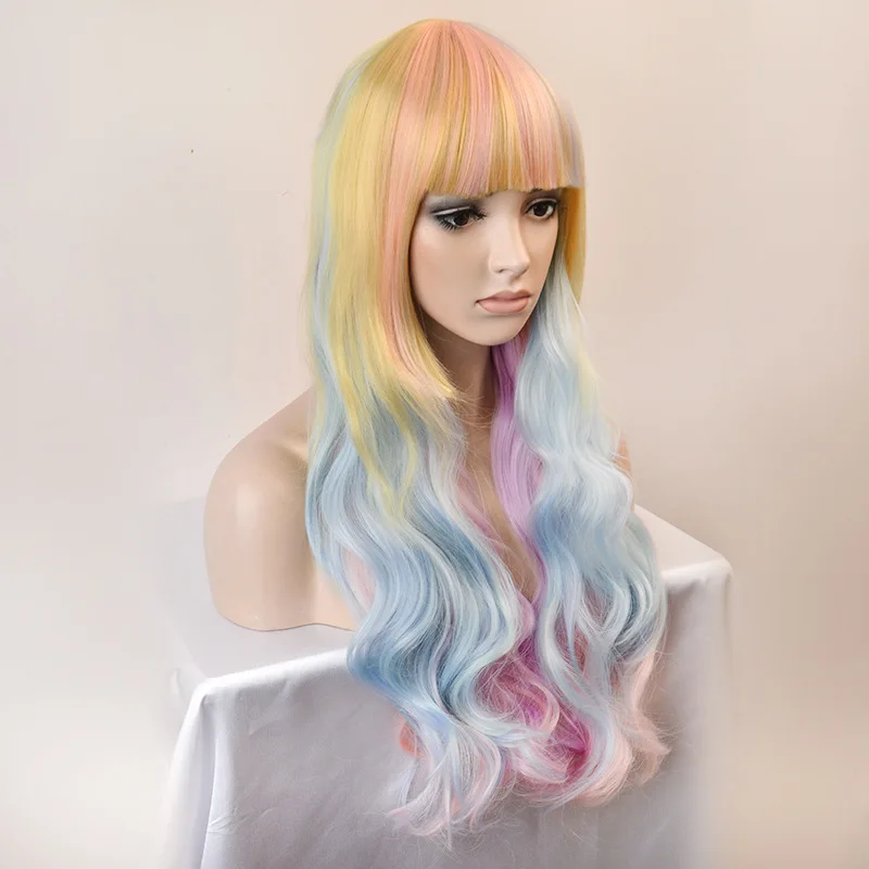 70Cm Lang Roze Gemengd Blauw Krullend Haar Pruik Met Pony Voor Dames Halloween Cosplay Kostuum Feest Pruiken