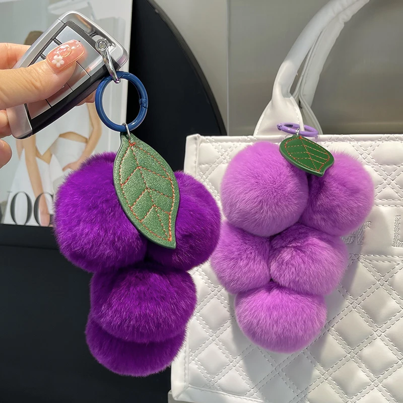 Luxury Fluffy Real Rex Rabbit Fur PomPom Keychains Genuine Fur Grape Keychain Metal Ring Pendant Bag Charm for Women Gift