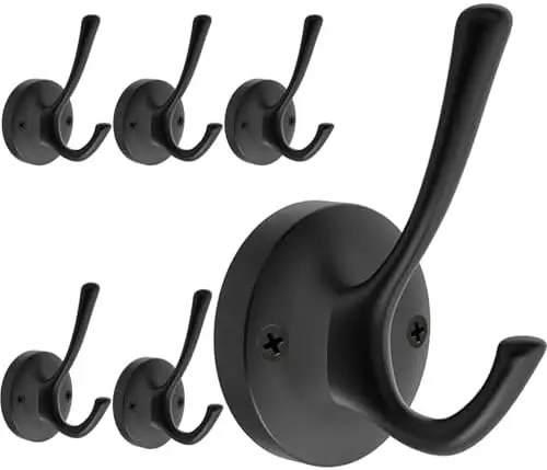 

Black Wall Hooks 6 Pack - Heavy Duty Metal Double Coat Towel Hook for Bathroom, Kitchen, Closet