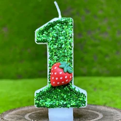 Glitter Green Number 0-9 Candles 3D Strawberry Digital Candles Cake Topper Decorating Birthday Party Anniversary DIY Decoration