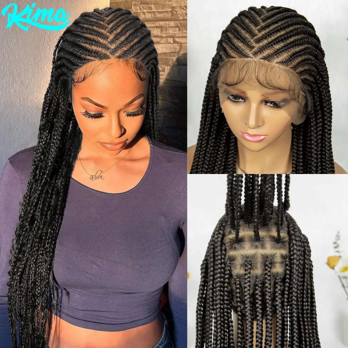 Cornrow Braided Wigs Synthetic Full Lace Braids Wig with Baby Hair 36inch Handmade Knotless Box Braided Lace Wig For Black Women