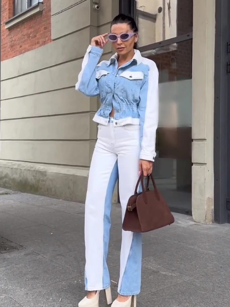 

HH Women Denim Splicing Design Single-Breasted Pockets Pleated Lapel Top+Zipper Straight Long Pants Fashion 2-Piece Set
