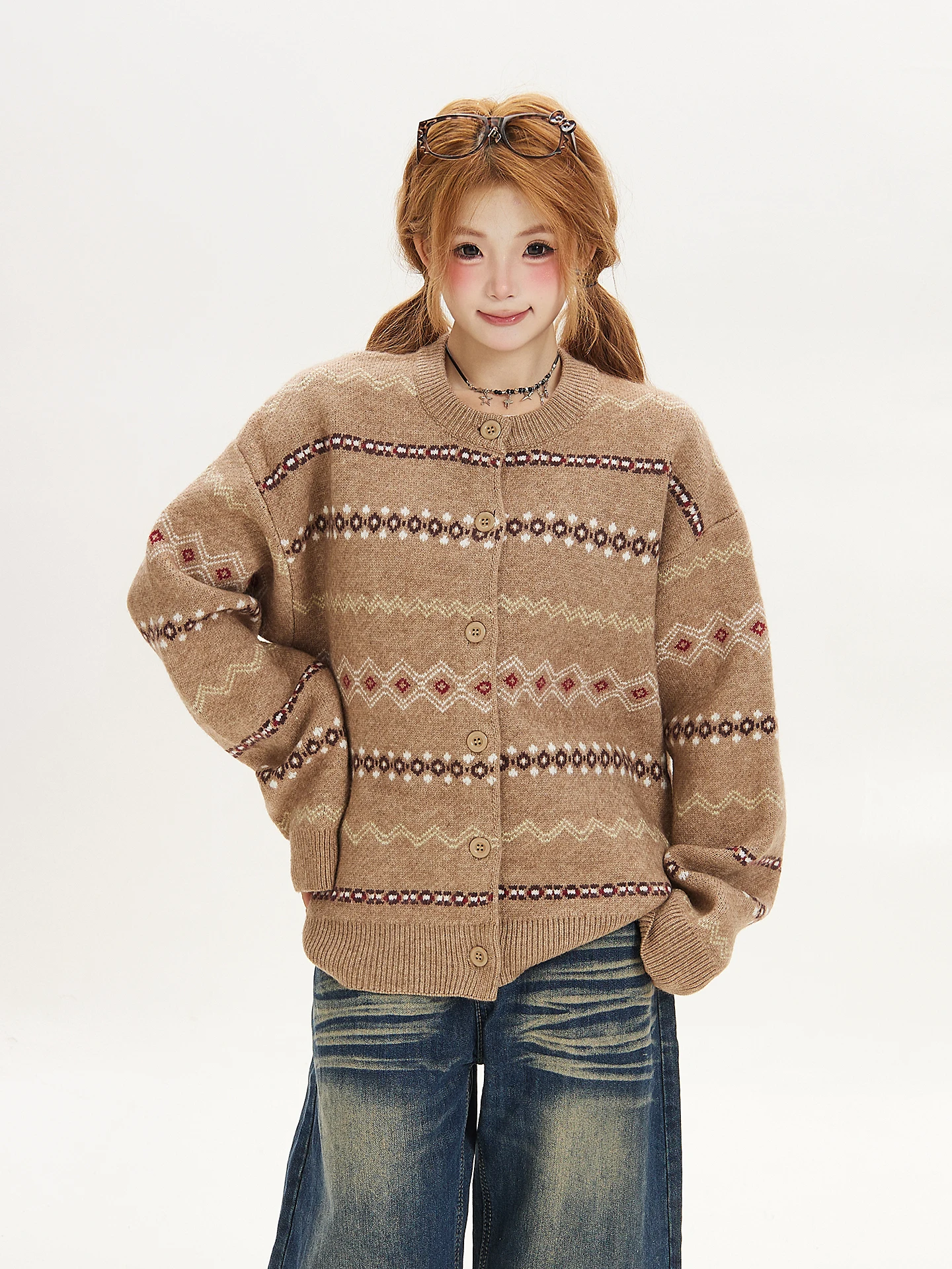 Ant Vintage Fair Isle Knitted Open Cardigan Women's Autumn Winter Atmosphere Age Reduction Sweater Jacket Floral Embroidery