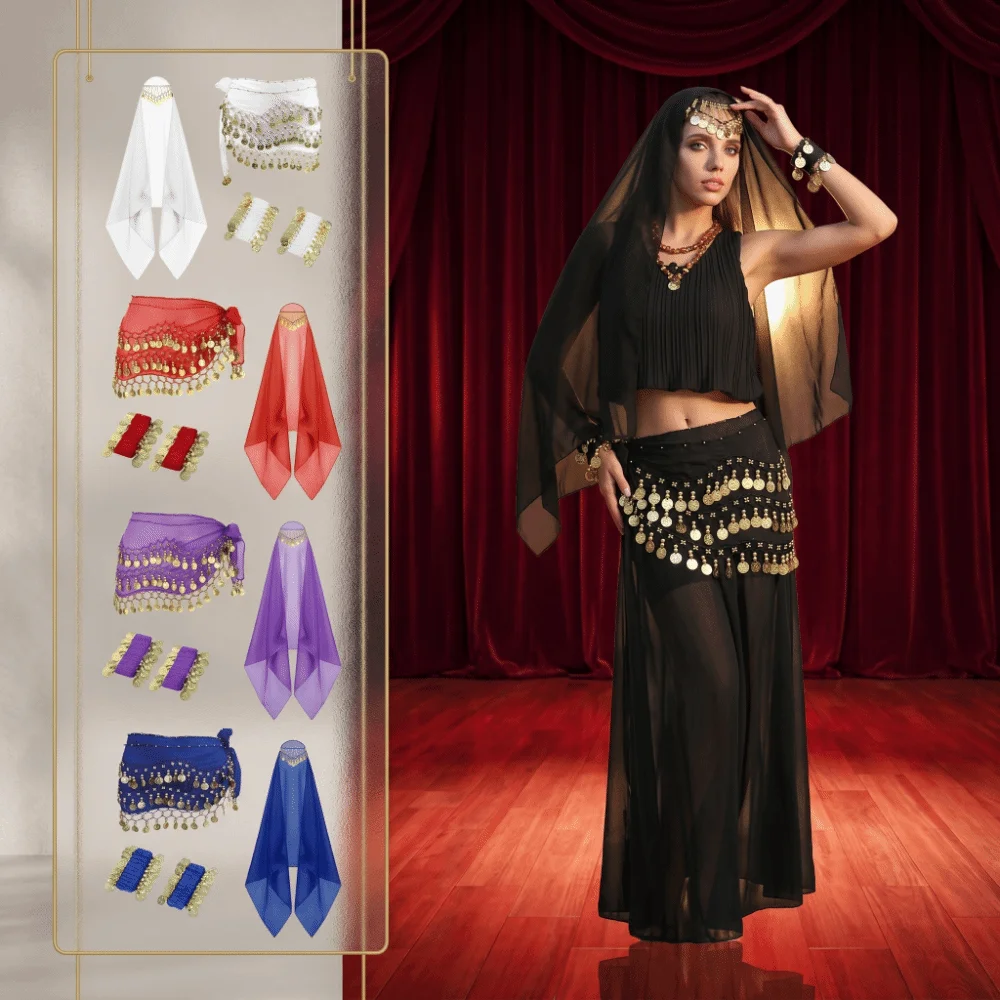 

Съемный головной убор для женских костюмов для танца живота, аксессуары для вуали, головной платок, костюмы для танца живота, заколка для волос, браслеты на запястье с монетами