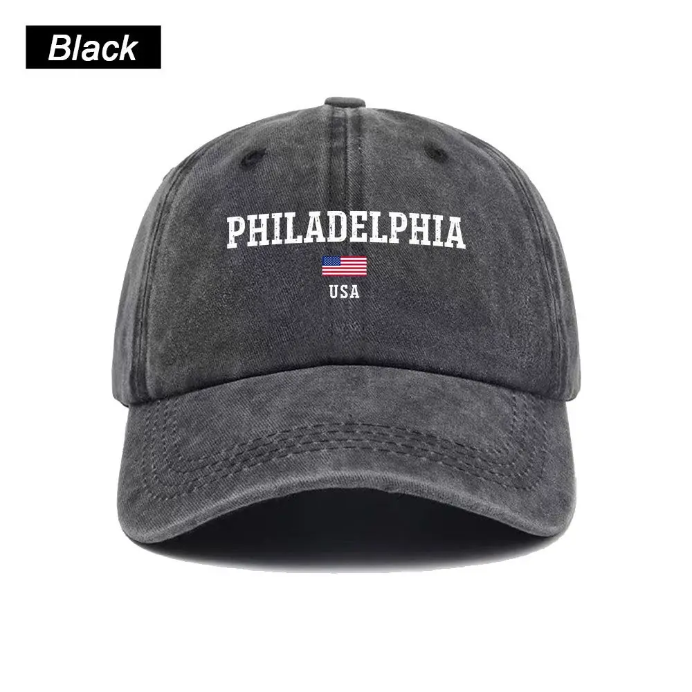 Vintage Washed Baseball Cap Philadelphia USA Flag Print Graphic Unisex Streetwear Casual Trucker Style Summer Cotton Sun Hat
