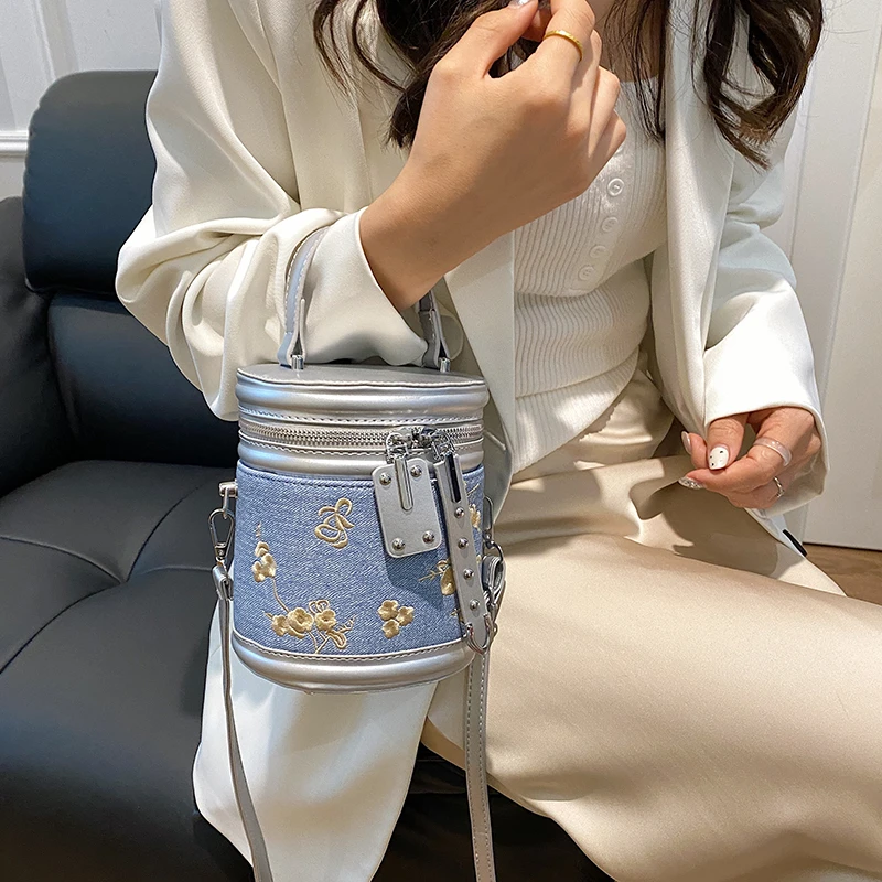 Luxury Brand Handbag Fashion Cylinder Crossbody Bag Casual Women Bucket Bag Satchel Vintage Embroider Flower Female Shoulder Bag