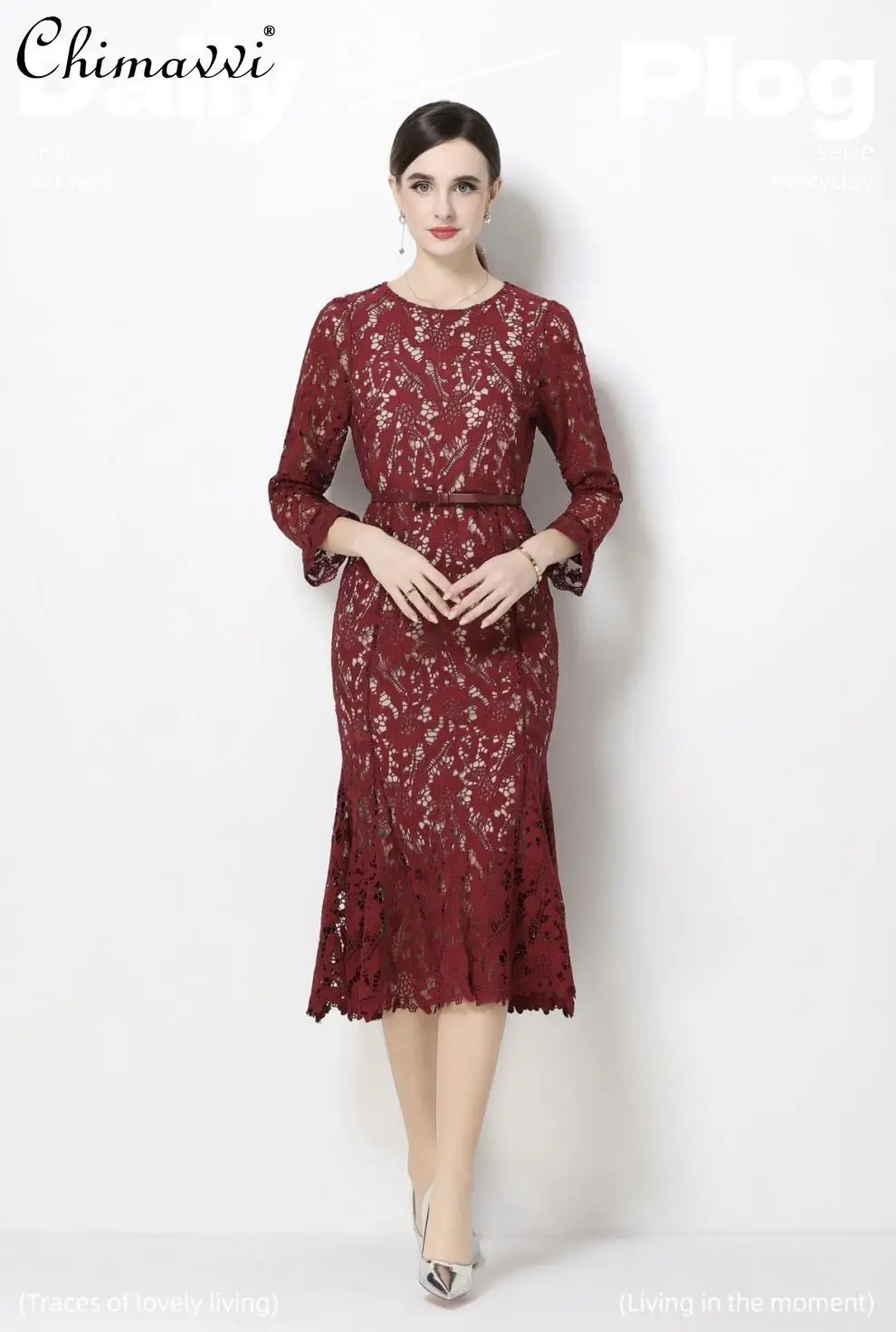 

French Style Elegant Lace Evening Dress Round Neck Long Sleeves High Waist Belt Slim Fit Fishtail Dress for Women Spring 2026