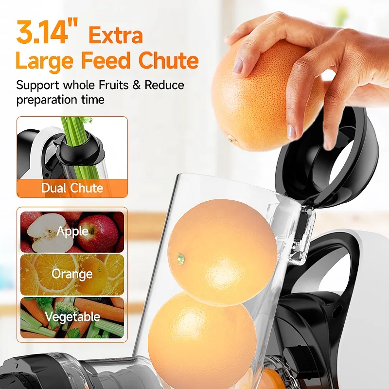 80mm Wide Feed Slow Juicer 95% Yield Ultra-Quiet Electric Citrus Juicer for Outdoor Use Portable Handle Design English Operating
