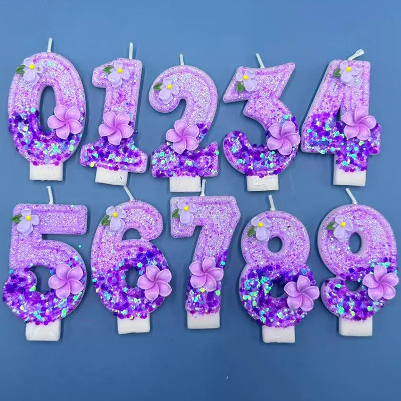 Soft deep purple gradient purple flower decorated number candles, festive party gifts, birthday and anniversary candles