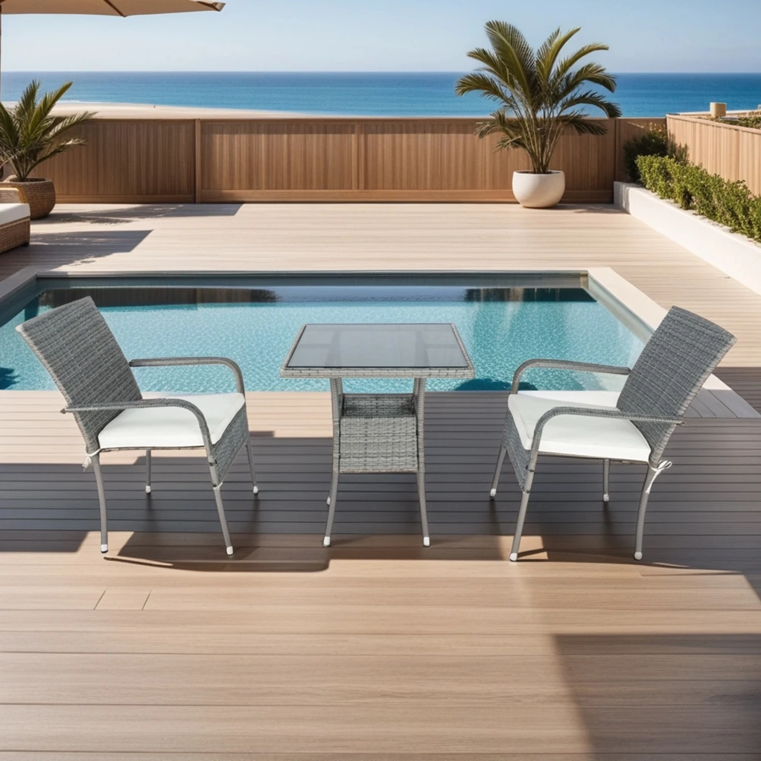 

3 Piece Patio Wicker Conversation Set Grey Wicker + white Cushion