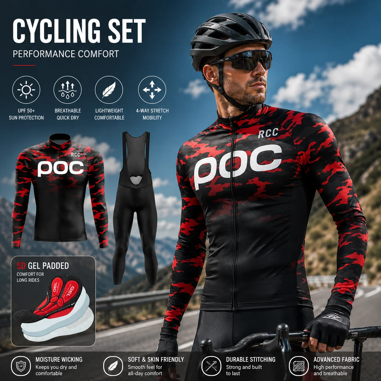 

2026 RCC POC Cycling Team Men's Cycling Jersey Long Sleeve Set MTB Bike Clothing Tenue Velo Homme Bicycle Wear 01