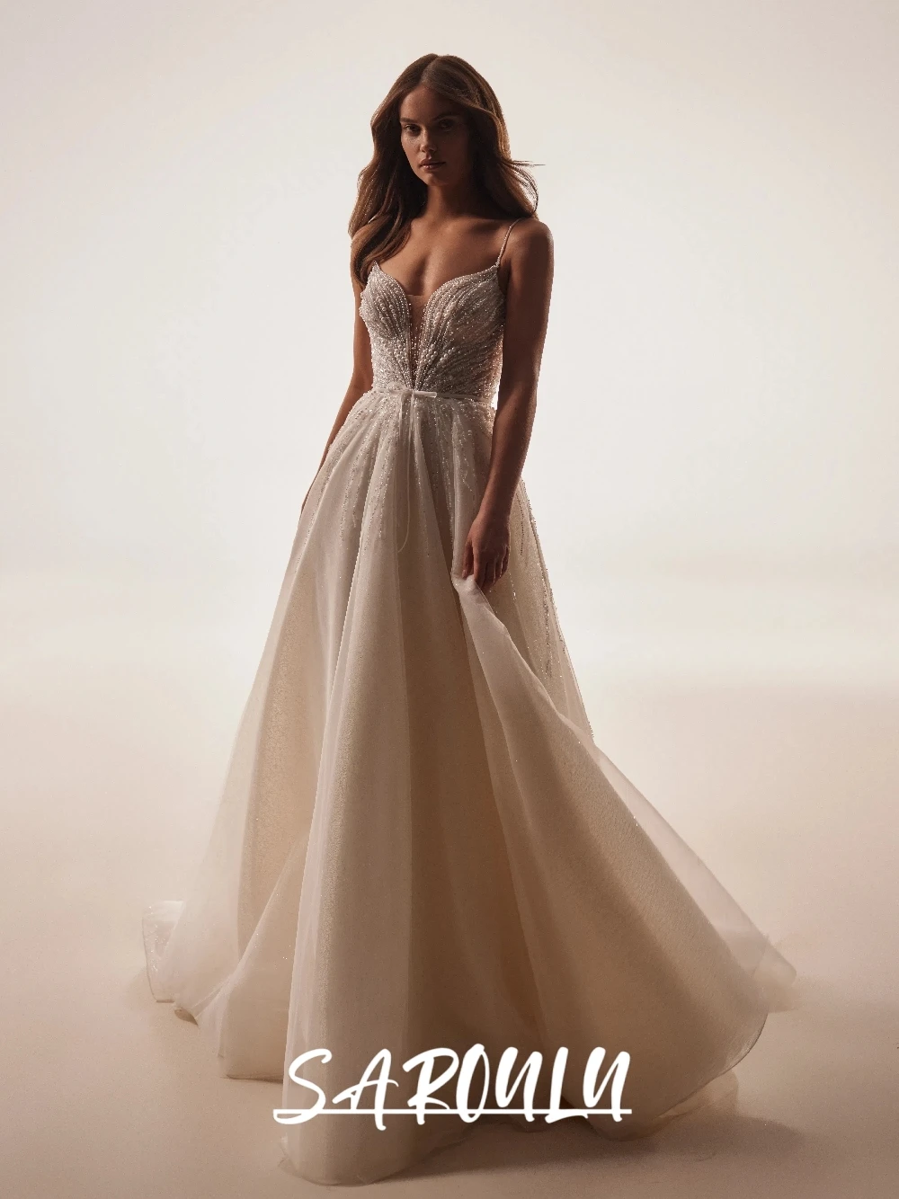 

Sparkly Spaghetti Straps Sexy Deep V Neck Wedding Dress Bride A Line Charming Tulle Train Pearls Embellished Bridal Gown