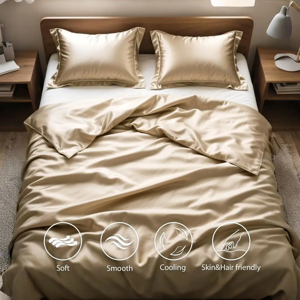 킹 사이즈 샴페인 골드 새틴 이불 커버 세트, 지퍼 클로저가 있는 3피스 럭셔리 소프트 침구