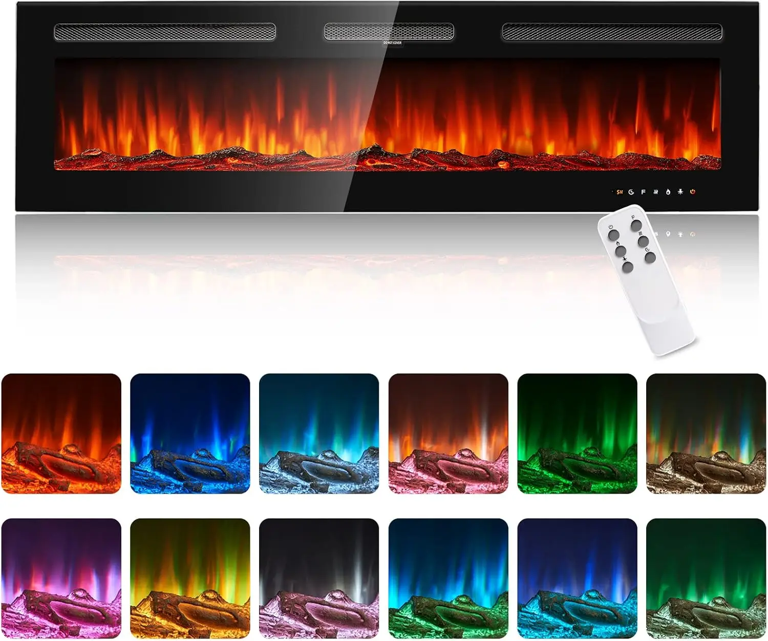 oneinmil Electric Fireplace, 60 inch Wide Recessed and Wall Mounted Electric Fireplace, 750W/1500W, 12 Color Flame, Remote Contr