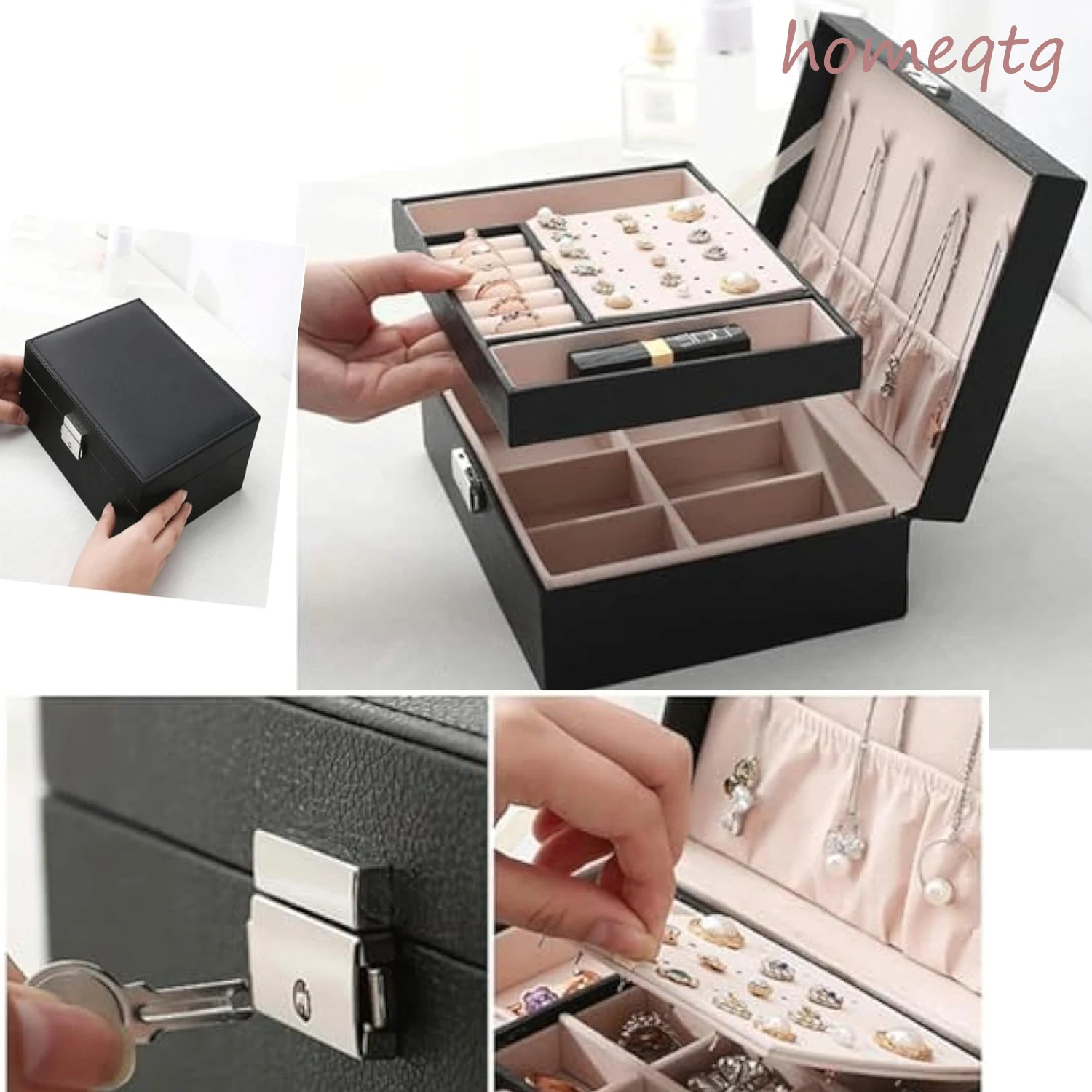 

Jewelry Storage Box Double layer lockable large capacity jewelry organizer for women's ring and earrings Portable