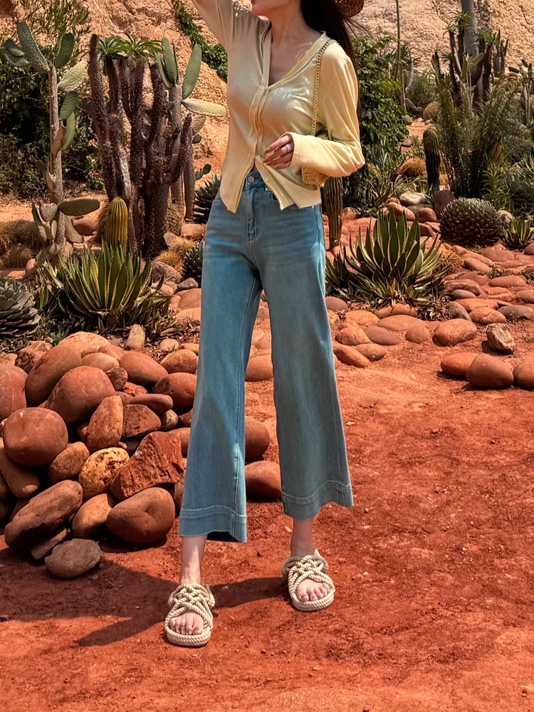 

Женские летние джинсы с высокой талией, прямые, укороченные, из эластичного денима, простые, стильные, высококачественные, из хлопкового стрейч-денима