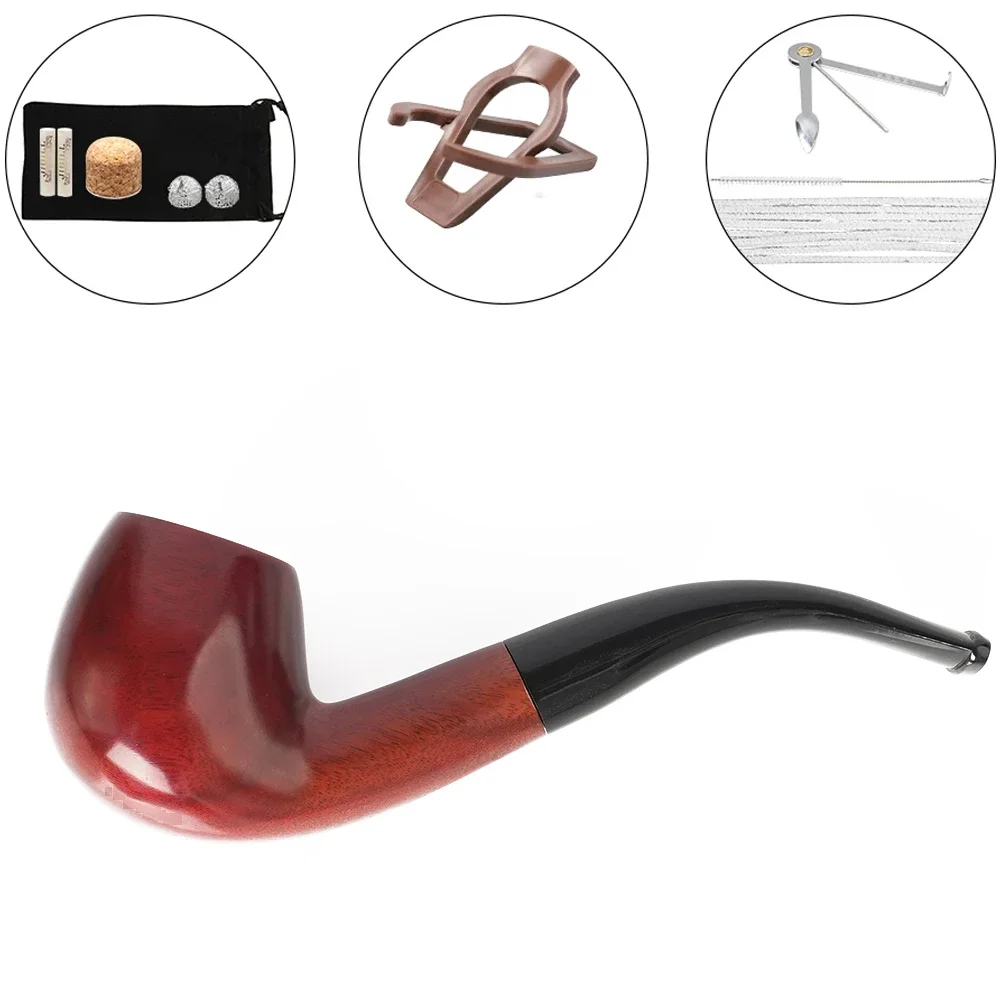 Red Sandalwood Tobacco Pipe Set ,9MM Filter Solid Wood Dry Pipe Smoking Craft Classic Curved Handle Pipe With Cleaning Kit Gift