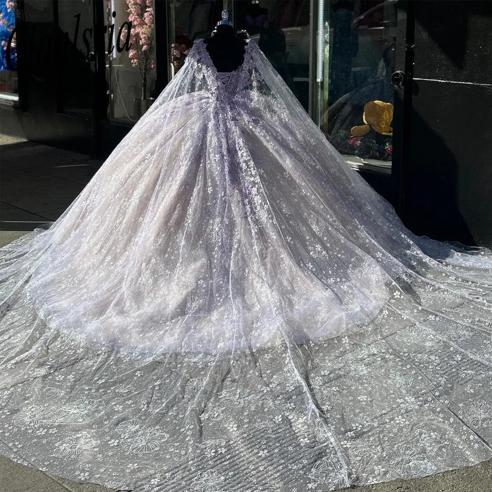 Vestido De baile De quinceañera con purpurina De cristal, vestido De quinceañera con capa, ilusión, apliques De lentejuelas, corsé, 15 Años