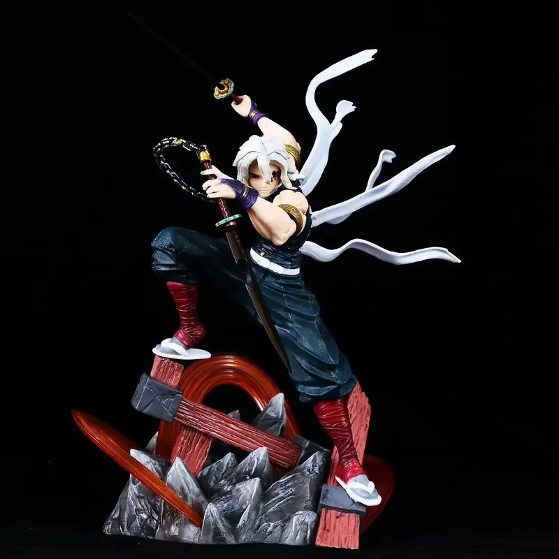 27cm Demon Slayer Tengen Uzui Sound Hashira Statue mit Doppelkopf-Skulptur, Kampfszene, Desktop-Dekoration, Sammlerstück, Anime-Modell, Geschenk