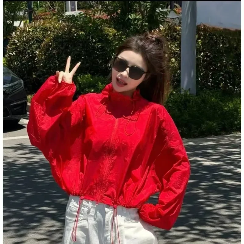 Loose Coat Autumn Versatile Slimming Sun-protective Coat Women. Korean-style Stand-up Collar Long-sleeved Sun-protective Jacket.