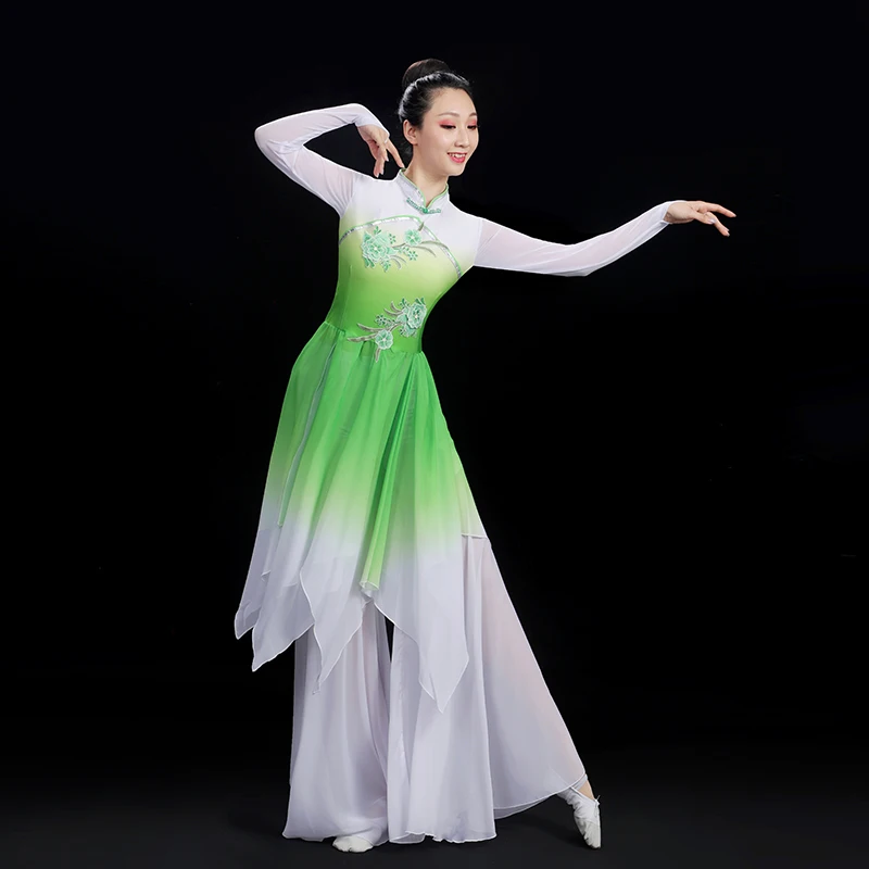 Green Yangko Costume Women Long Dress Shirt Skirt Pant Flowy Elegant Chinese Traditional Folk Dance Hanfu Square Dancer Show New