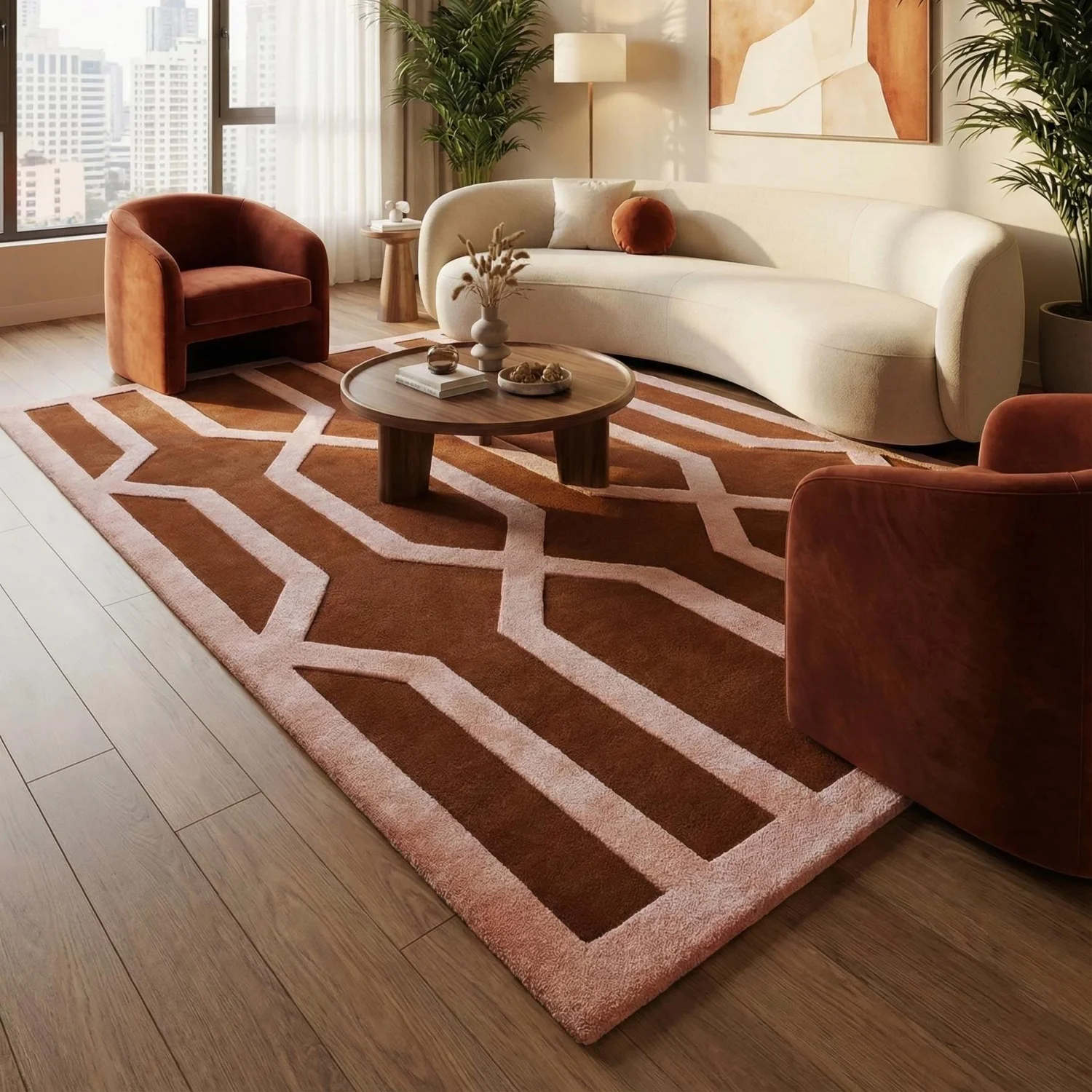 Room Decor Rug  H1and Tufted Wool Rug, Terracotta Blush Geometric Trellis Carpet, Modern Boho Living Room Home