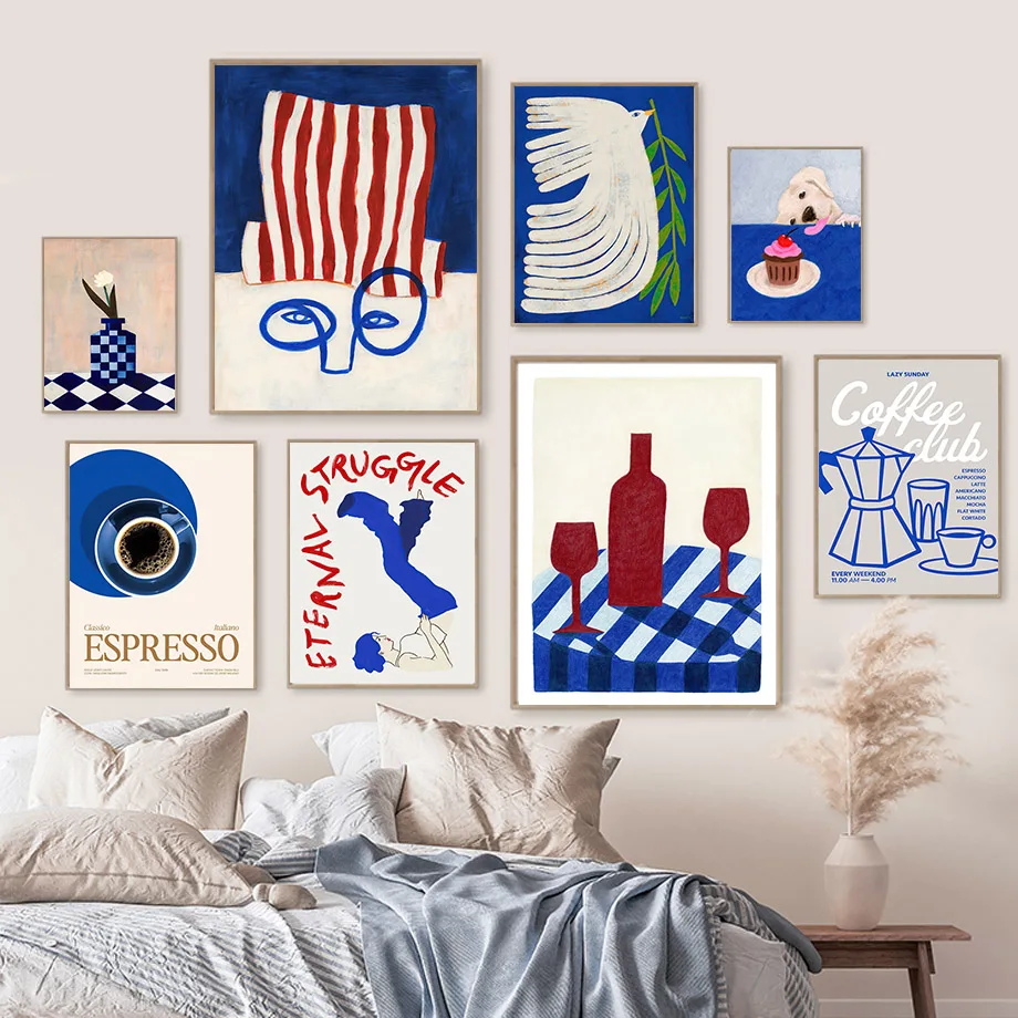 Red Blue Funny Joker Red Wine Coffee Bird Life Wall Art Canvas Painting Nordic Abstract Poster Prints Pictures Living Room De