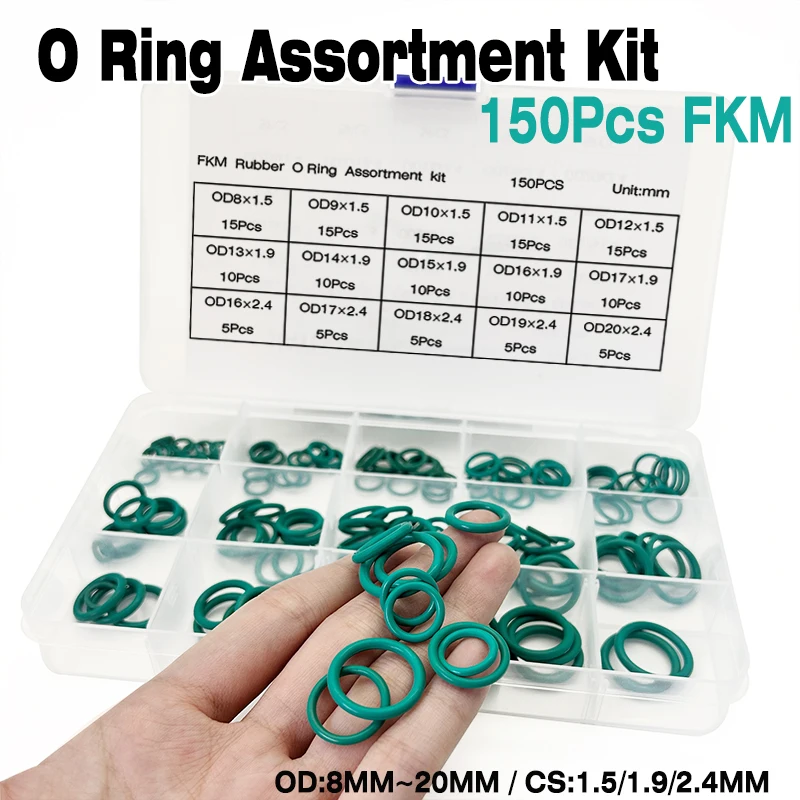 

150 шт. комплект уплотнительных колец FKM OD 8 мм ~ 20 мм CS 1,5/1,9/2,4 мм, уплотнения из фторкаучука для промышленного оборудования, высокая температура и химическая стойкость