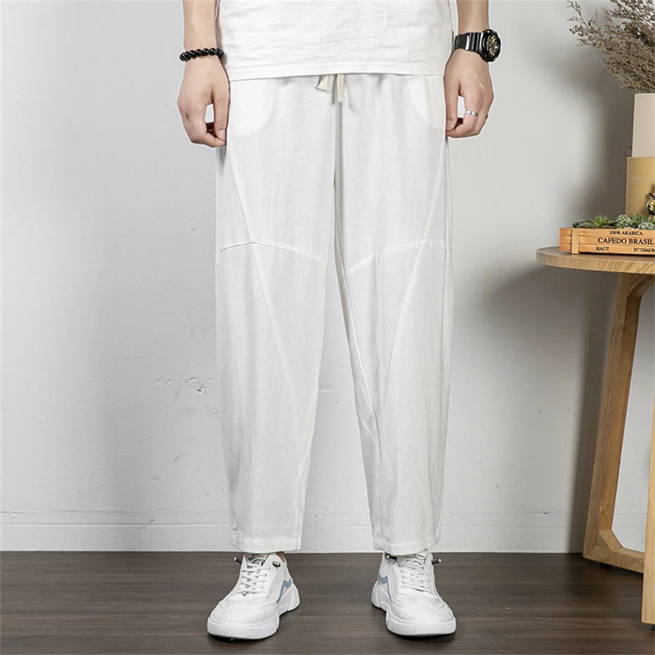 Solid Color Linen Pants Men 9XL Plus Size Pants Fashion Casual Pencil Pants Male Linen Trousers Big Size 9XL