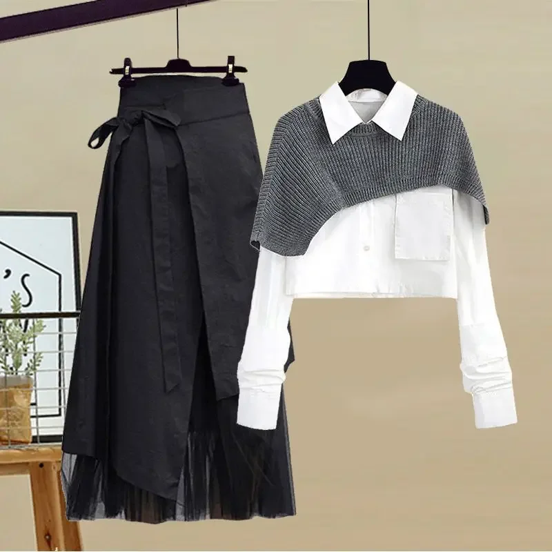 Women's Spring New Knit Shawl+White Shirt +Midi Skirt Three Piece Korean Elegant Chic Dress Matching Set Female Clothing E4977