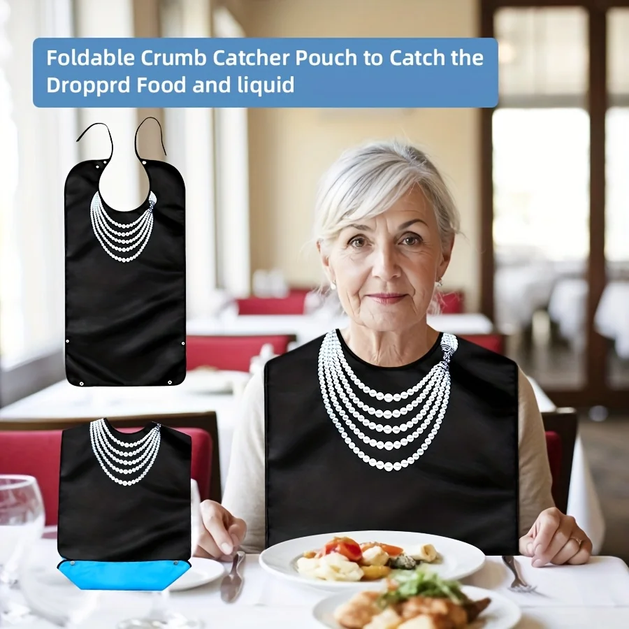 Adult Bib with Debris Collection Double Waterproof Printed Feeding Bib Easy To Clean Reusable Apron for Elderly and Disabled