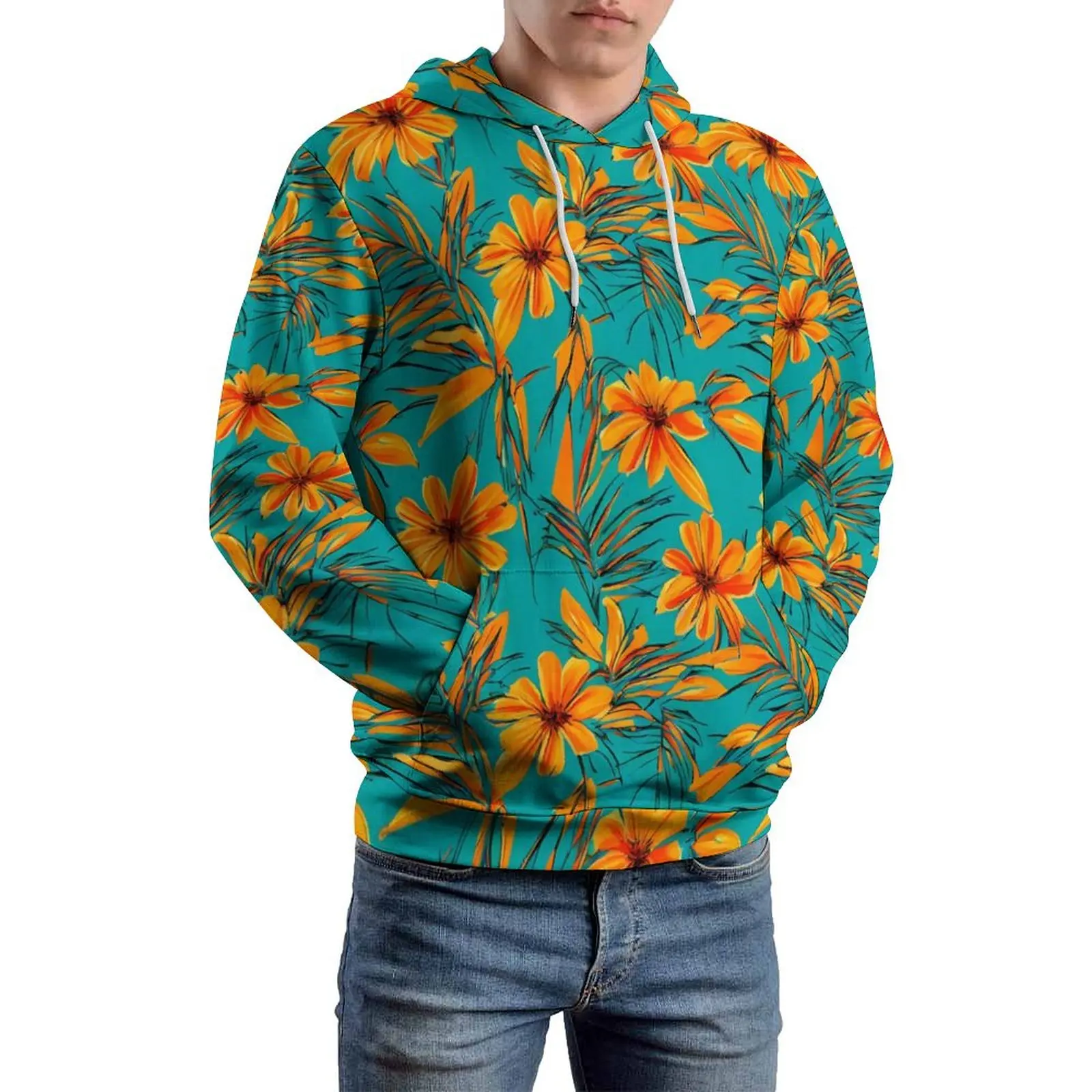 Tropical Floral Casual Hoodies Long Sleeve Orange Flowers Harajuku Hoodie Spring Classic Printed Oversized Clothes