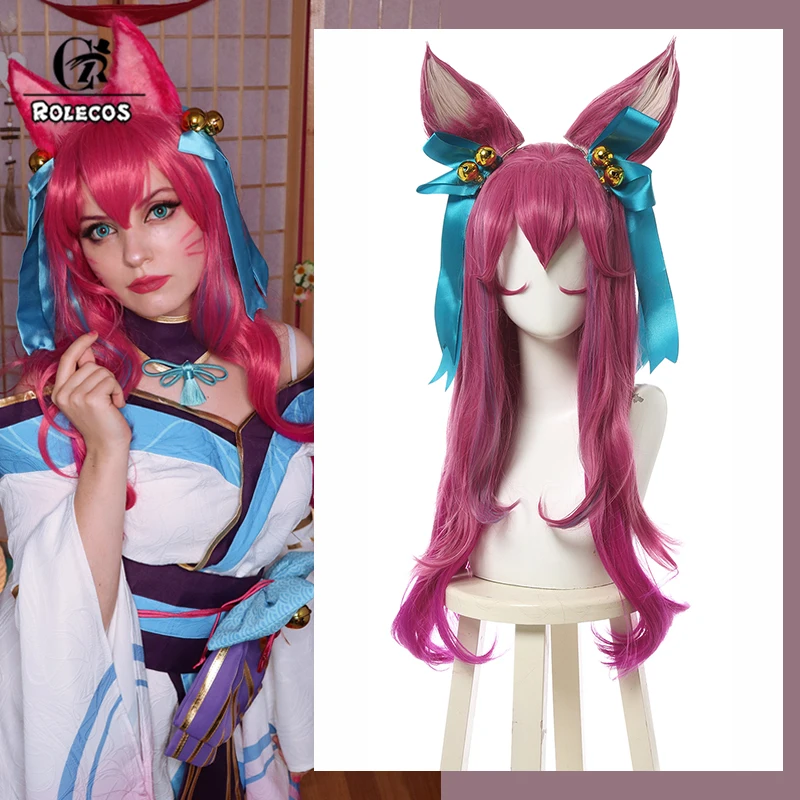 ROLECOS Game LOL Spirit Blossom Ahri Cosplay Wigs Ahri 75cm Women Long Wavy Mixed Pink Cos Wig Heat Resistant Synthetic Hair