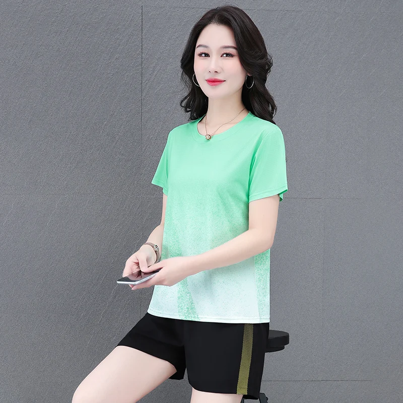 New Summer Women'S Breathable Quick Drying Sports Suit Fashionable And Casual Loose Slimming Short Sleeved Shorts Two-Piece Set