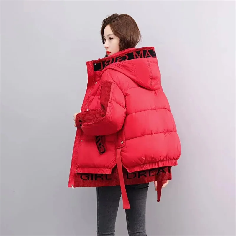 2024 inverno nuova tendenza della moda splicing lettera giù giacca di cotone da donna con cappuccio allentato addensare cappotto caldo femminile Parker Outwear