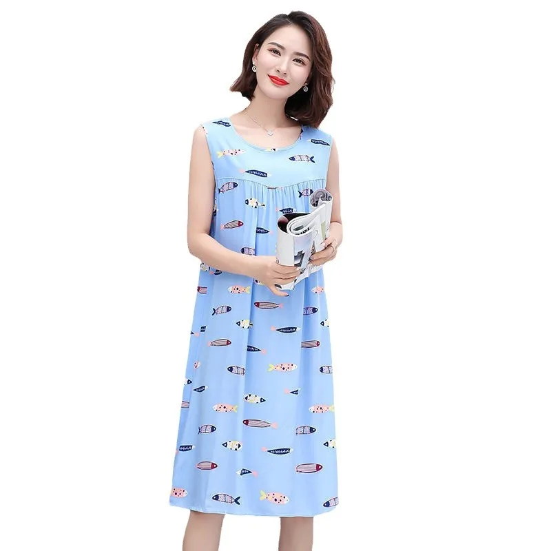 Summer Middle-Aged and Elderly Cotton Silk Nightgowns Pajamas Women\'s Dresses Large Size Mother\'s Casual Nightgowns Homewear