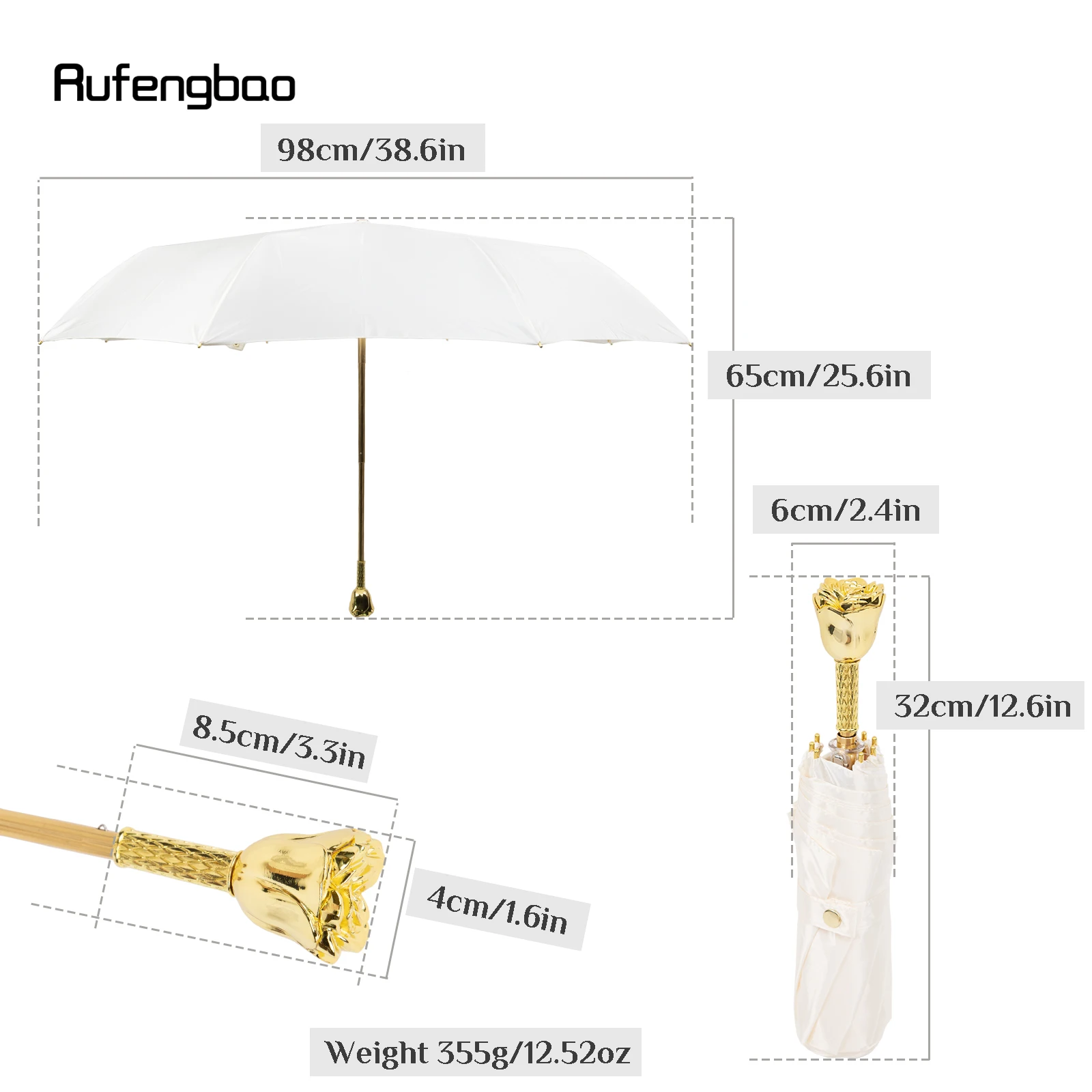 Golden Flower Handle Women's Men's Umbrella, Automatic Umbrella, Folding UV Protection Sunny and Rainy Days Windproof Umbrella