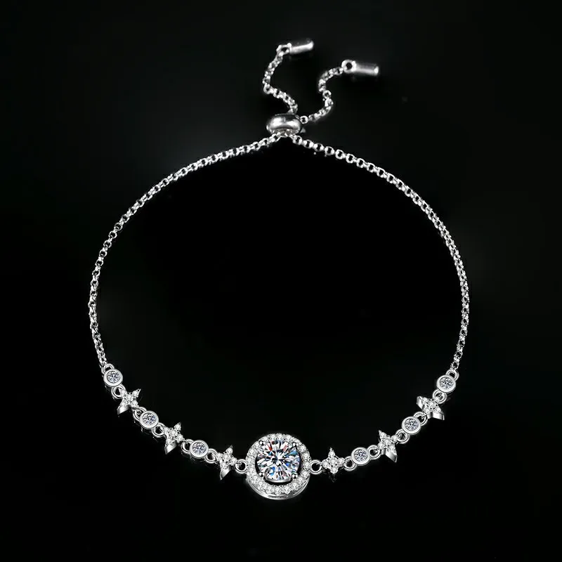 

Star & Moon Celestial Bracelet, 1CT Round Bezel Set Moissanite, S925 Silver Rhodium Plated, D Color Women's Jewelry