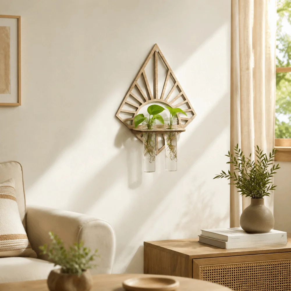 Wooden Hydroponic Plant Holder Vase Hollow Out Wall Hanging Planter Shelf Geometric Leaf Shape Wall