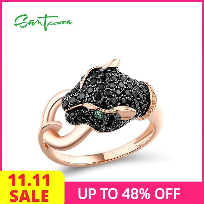 

SANTUZZA серебряное кольцо для женщин, чистое серебро 925 пробы, ослепительный черный, зеленый шпинель, леопардовая пантера, модные вечерние ювелирные украшения