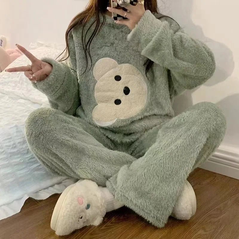 Women Fat Female Oversize Add Large Size Warm Outdoor Clothes Suit Winter Loose Long-Sleeve Flannel Thickening Pajama+Pants Set