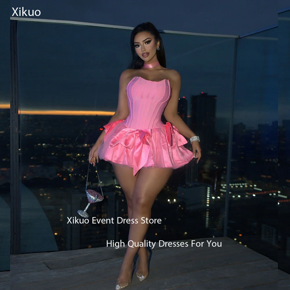 

Xikuo Pink Satin Bows Party Dresses Above Knee Sexy Strapless Prom Gowns Birthday High Quality Vestidos De Noche Customized