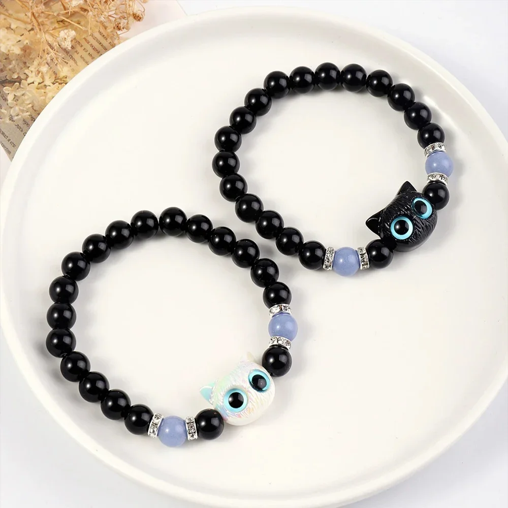 1 PC Matching Bracelets Couples Women Men Luminous Cute Cat Friendship Bracelete Black White Cat Head Bead Strand Bracelet