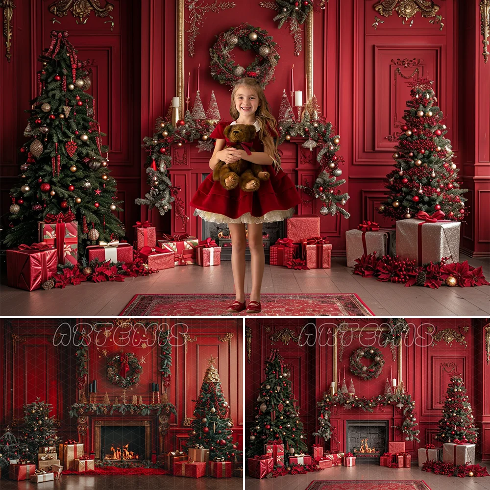 Christmas Photography Backdrop Red Wall Fireplace Christmas Trees Presents Decor Gifts Wreath Background Photo Studio Photo-call