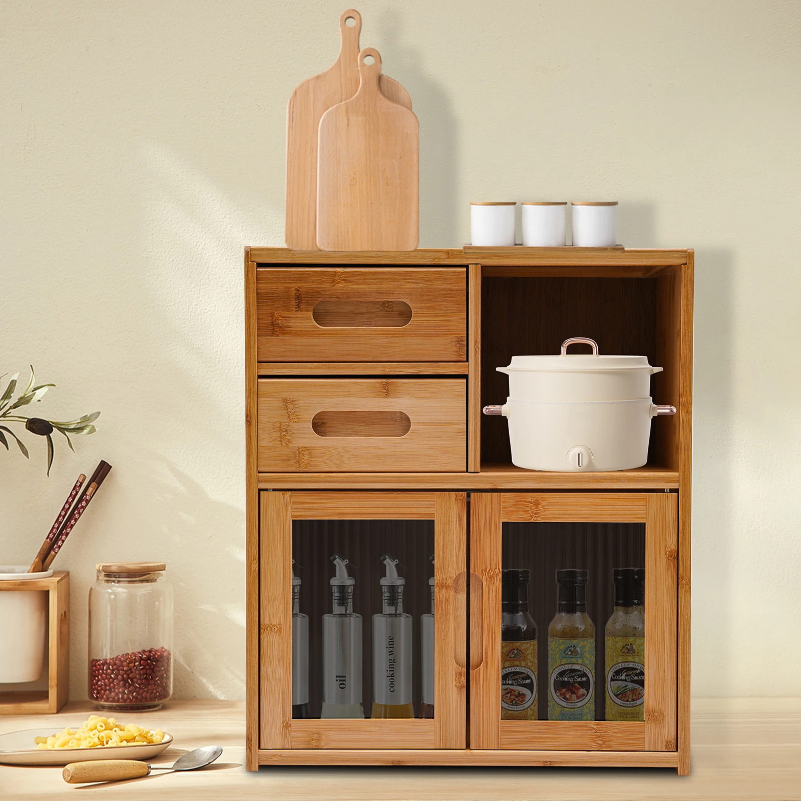 

Large Size 3 Tiers Bamboo Kitchen Cabinet Storage Box Organizer 2 Drawers with 2 Wavy Acrylic Doors